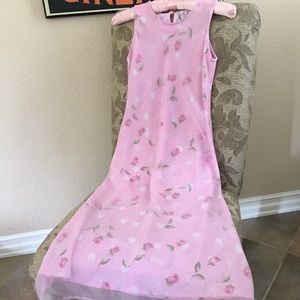 Girls pink floral dress, mid calf length.